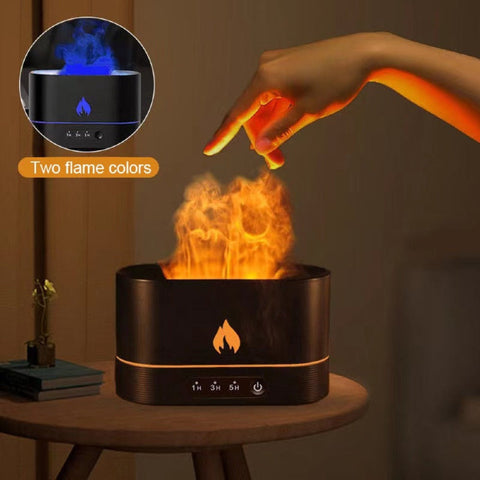 Black diffuser with user-adjustable flame colors, showcasing a realistic flame effect.