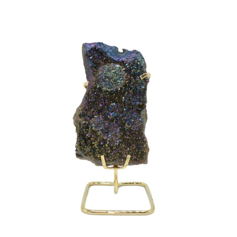 "Metalized amethyst cluster on a gold wire stand, with iridescent surface."