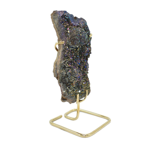 "Metalized amethyst cluster on a gold wire stand, decorative crystal piece."