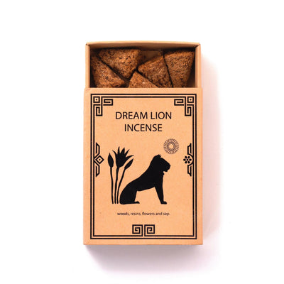 Open box of Dream Lion Incense Cones showing natural incense pieces.