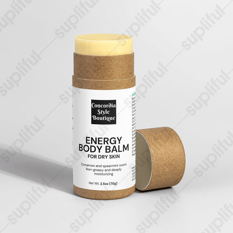 Open Energy Body Balm with visible balm stick and cap.