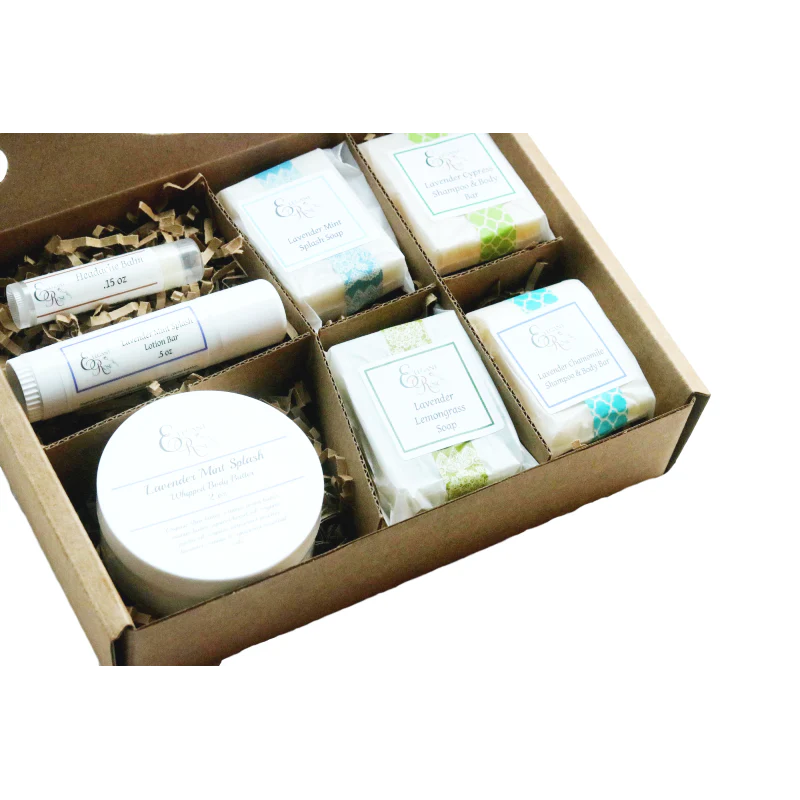 A beautifully packaged spa gift set featuring soaps, lotion and bath salts in an elegant box.