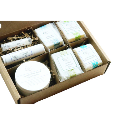 A beautifully packaged spa gift set featuring soaps, lotion and bath salts in an elegant box.