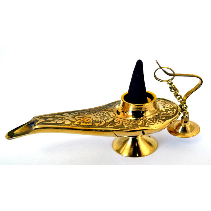 A 5-inch ornate brass incense burner designed in the shape of Genie lamp, featuring intricate embossed details and a cone holder for incense.