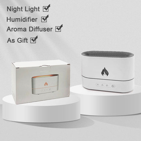 White diffuser and packaging showcasing its use as a night light, humidifier, aroma diffuser, and gift option.