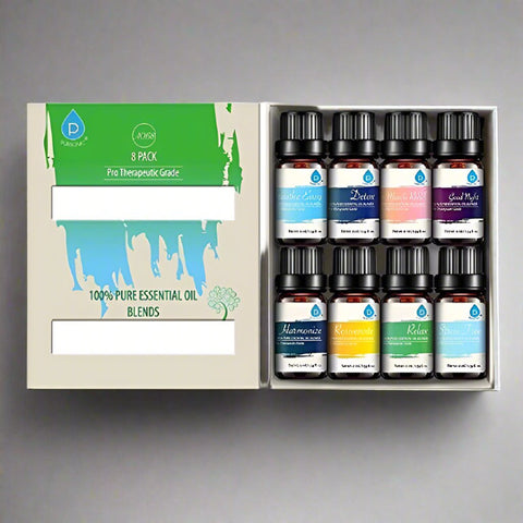 Pursonic Essential Oil Set - Open Box with 9 bottles displayed.