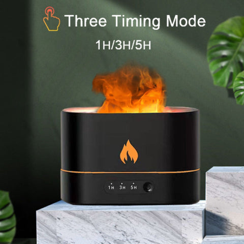 Black diffuser with flame design showing three timing modes: 1H, 3H, and 5H.