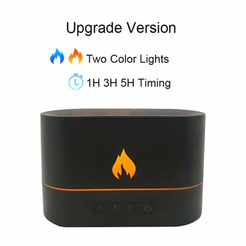 Black flame diffuser with two-color lights and 1H, 3H, and 5H timing modes.