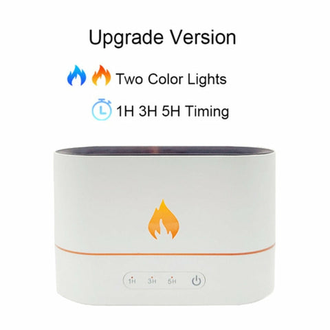 White flame diffuser with two-color lights and 1H, 3H, and 5H timing modes.