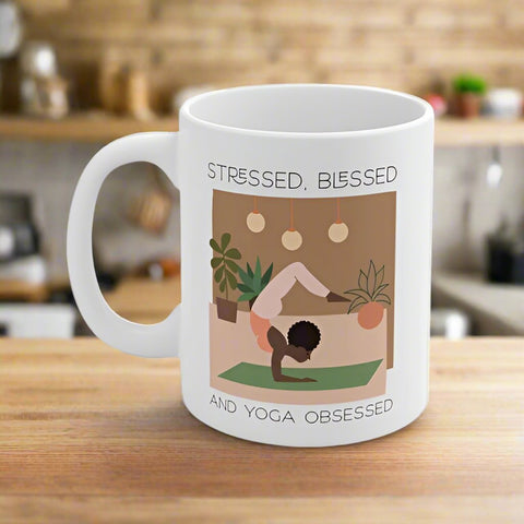 Yoga mug displayed in a warm kitchen setting.