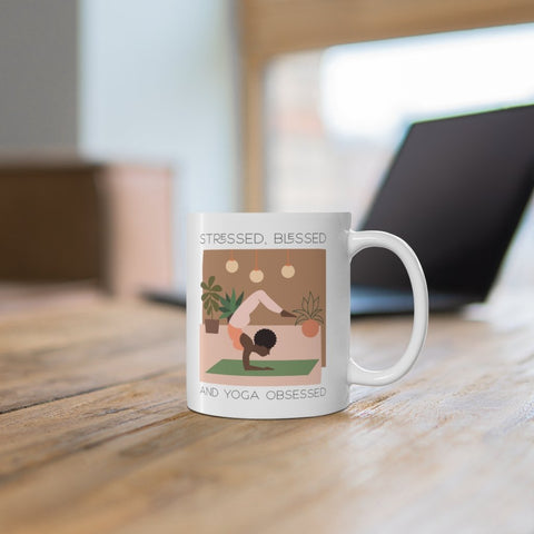 Single yoga mug in a minimalist workspace.