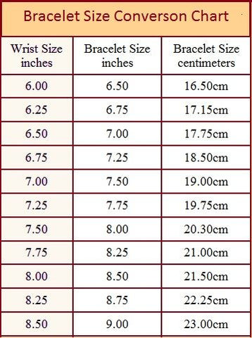 Bracelet size conversion chart in inches and centimeters.