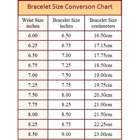 Bracelet size conversion chart in inches and centimeters.