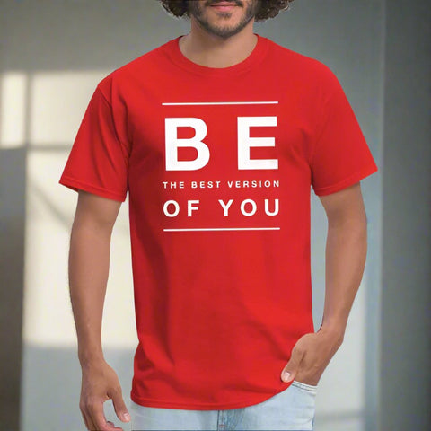 "Men's red T-shirt with "Be the Best Version of You' motivation message in bold white letters"